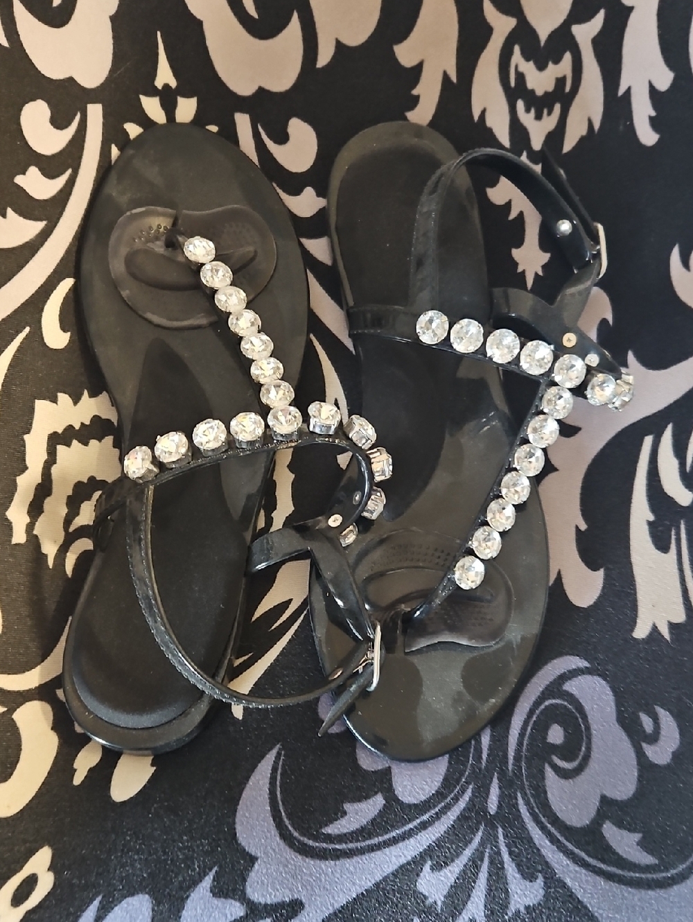 Stuart Weitzman Black Jeweled T-Strap Sandals